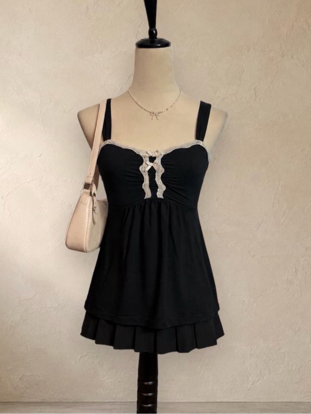 Soma Black Ivory Lace Bow Babydoll Cami Top XS Ruched Empire Waist